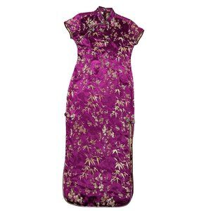 AN Purple Floral Cheongsam Asian-Inspired Long Sheath Dress Size L